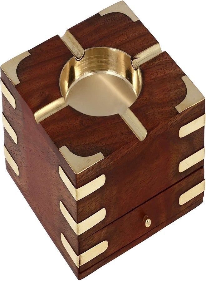 GURU JEE™ Handmade Indian Wooden Ashtray 4.5x4.5x2.25 Inch Indoor Outdoor Ashtrays With Storage Case Box Artisan Crafted Showpiece Gifts - Image 1