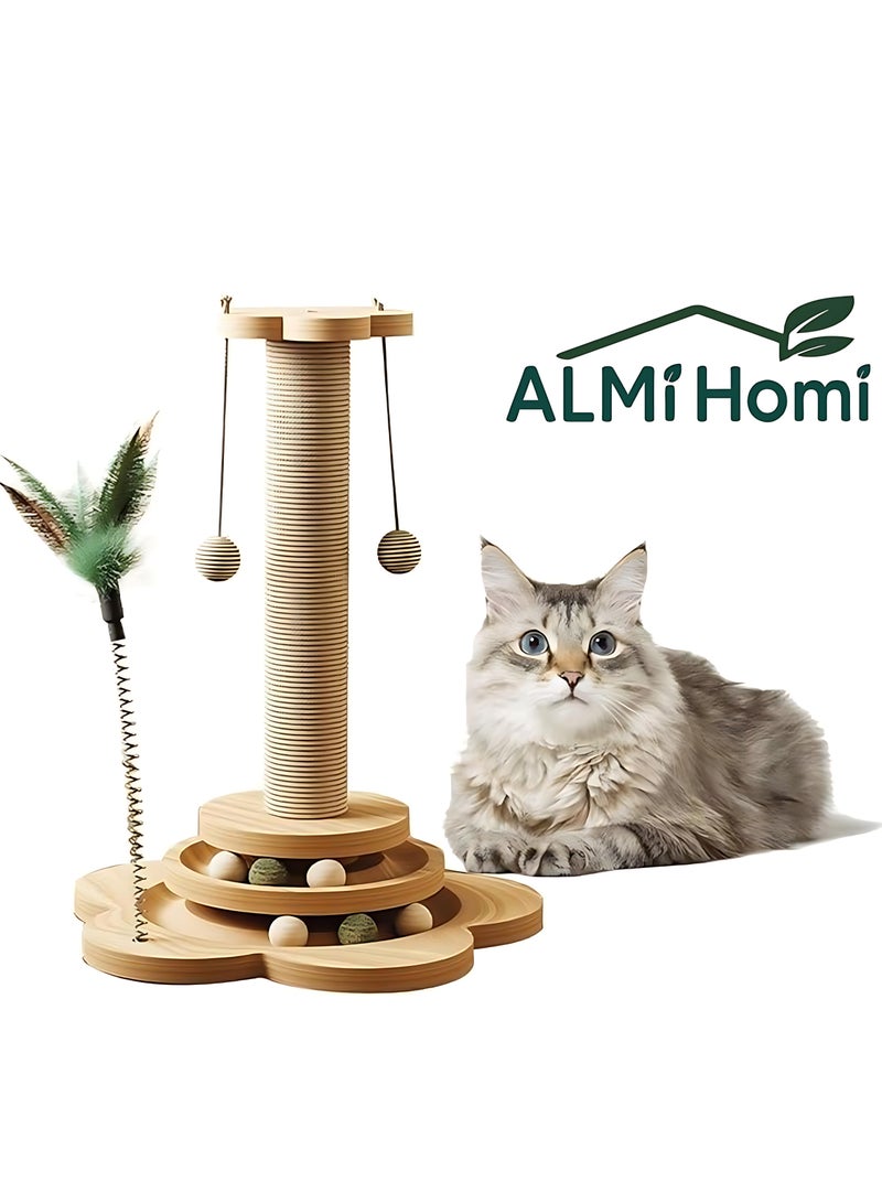 ALMiHomi 4-in-1 Wooden Cat Scratching Post with Sisal Rope, Interactive Ball Track & Feather Toy – Sturdy Indoor Cat Tree for Climbing, Scratching & Playtime – 50cm Tall - Image 1
