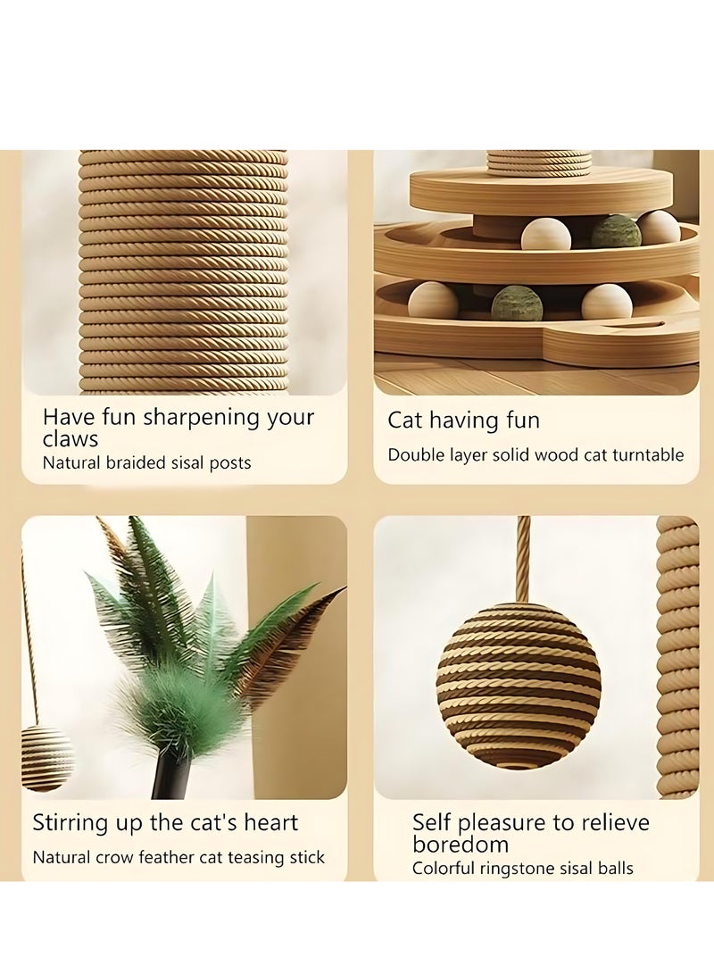ALMiHomi 4-in-1 Wooden Cat Scratching Post with Sisal Rope, Interactive Ball Track & Feather Toy – Sturdy Indoor Cat Tree for Climbing, Scratching & Playtime – 50cm Tall - Image 5