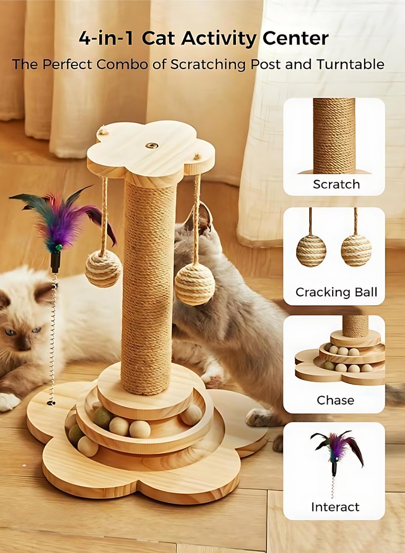 ALMiHomi 4-in-1 Wooden Cat Scratching Post with Sisal Rope, Interactive Ball Track & Feather Toy – Sturdy Indoor Cat Tree for Climbing, Scratching & Playtime – 50cm Tall - Image 3