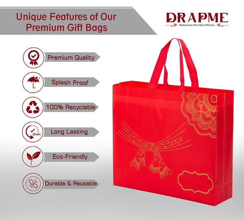Drapme Wedding Special Reusable Non-Woven Laminated Gift Bags for Shagun, Traditional Gifting, Saree Mithai Chandi Carry (Red, Pack of 10) - Image 5