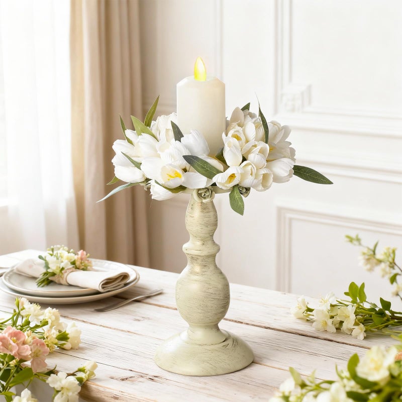 Daifunli 2 Pcs Spring White Tulip Candle Ring Vibrant Floral Candle Wreath Ring for Pillar 3.9 Inch Candles Holder for Wedding Holiday Dining Table Centerpiece Decor - Image 3