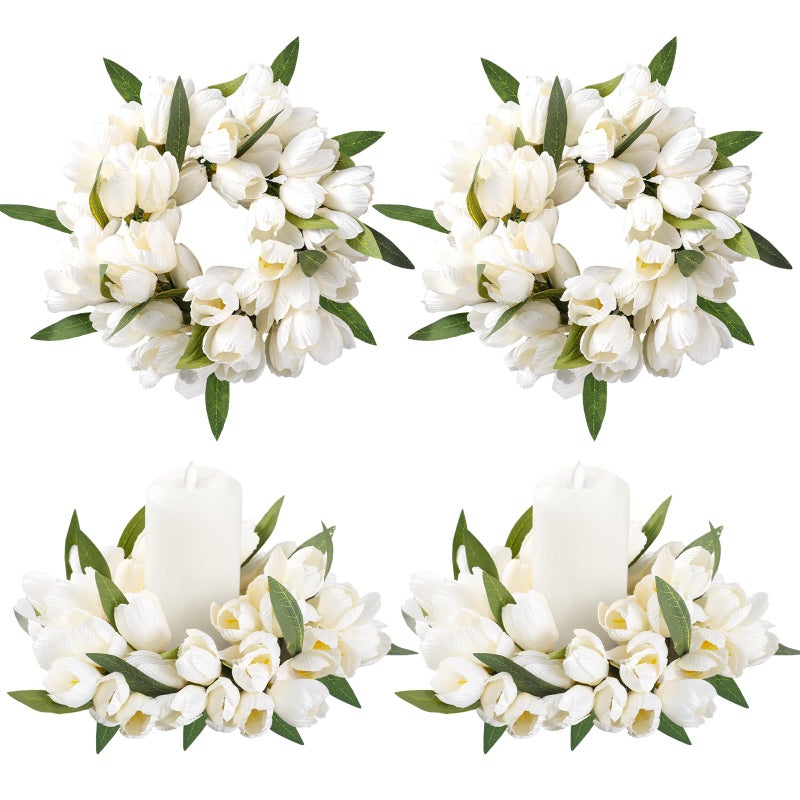 Daifunli 2 Pcs Spring White Tulip Candle Ring Vibrant Floral Candle Wreath Ring for Pillar 3.9 Inch Candles Holder for Wedding Holiday Dining Table Centerpiece Decor - Image 1
