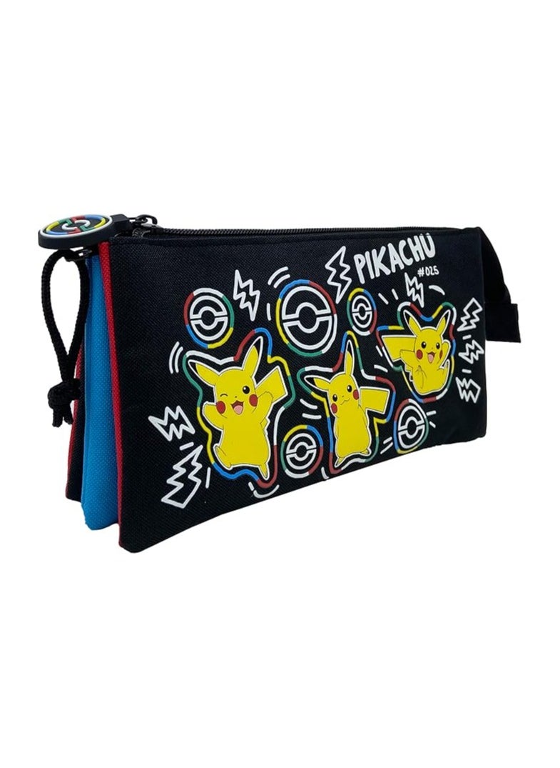 Pokemon Triple Pencil Case, 5 Compartments, School Supplies, Pencil Case, Pikachu, Colourful, Black, Official Product  - Image 1