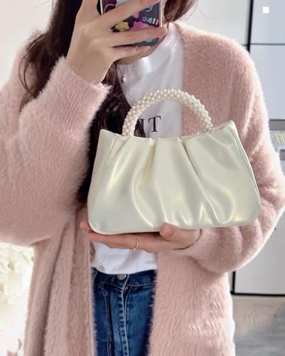 Beatfull Evening Purse Women Small Pearl Handbags Soft Leather Ruched Bag Wedding Bridal Clutch Party Prom Crossbody Purses White - Image 5