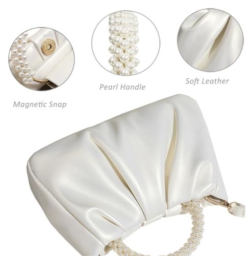 Beatfull Evening Purse Women Small Pearl Handbags Soft Leather Ruched Bag Wedding Bridal Clutch Party Prom Crossbody Purses White - Image 4