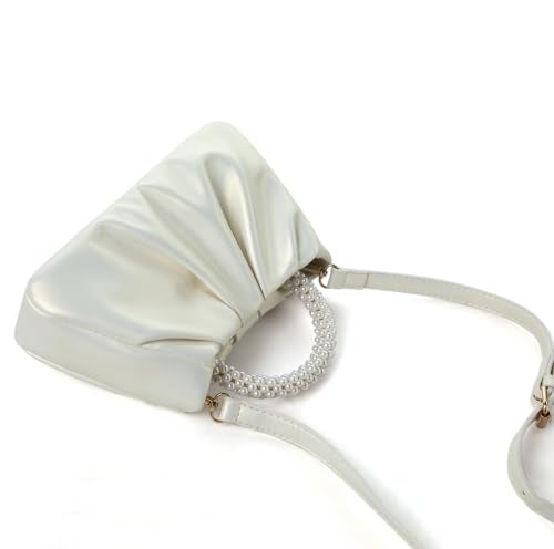 Beatfull Evening Purse Women Small Pearl Handbags Soft Leather Ruched Bag Wedding Bridal Clutch Party Prom Crossbody Purses White - Image 2