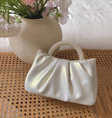 Beatfull Evening Purse Women Small Pearl Handbags Soft Leather Ruched Bag Wedding Bridal Clutch Party Prom Crossbody Purses White - Image 3