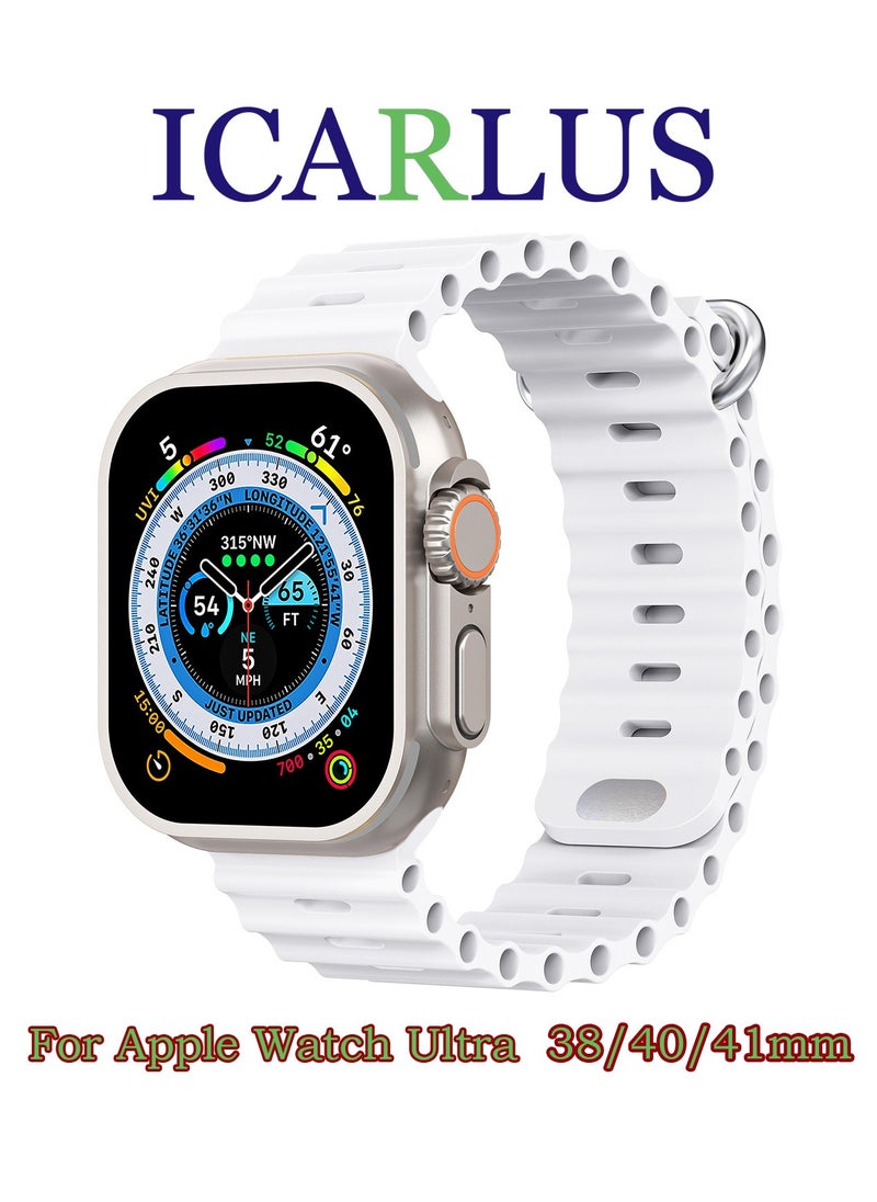 ICARLUS Ocean Band Compatible with Apple Watch Ultra Band 41/40/38mm Men Women, Soft Silicone Sport Band Replacement Strap for Apple Watch Ultra2/Ultra iWatch Series 9 8 7 SE 6 5 4 3 2 1 White  - Image 1