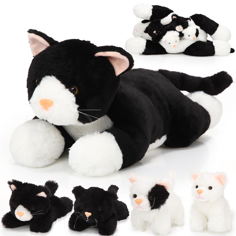 Skylety 5 Pieces Cat Stuffed Animal with Babies Inside Belly Plush Cat Pregnant Mommy Kitty with 4 Cute Fluffy Stuffed Kittens Christmas Birthday Surprise GiftsBlack White - Image 2