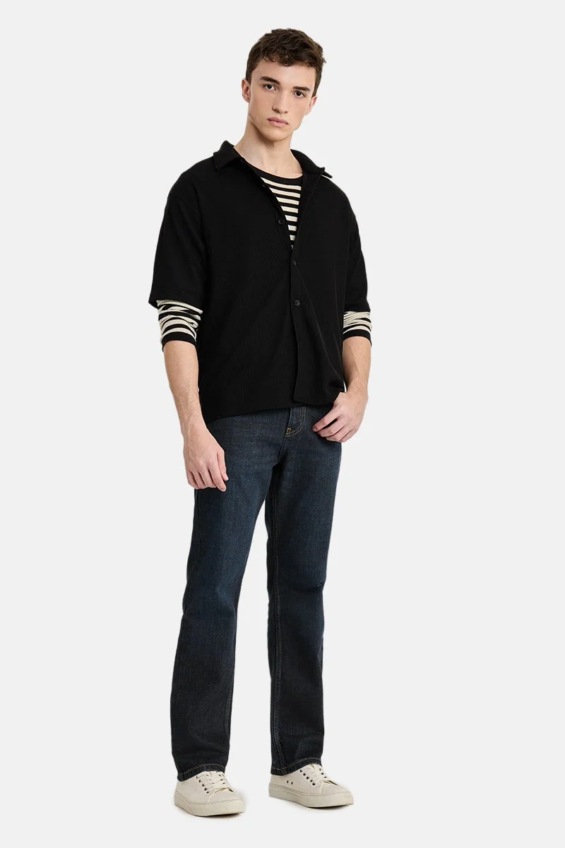 سنيتش Black Ribbed Half Sleeve Oversized Casual Shirt