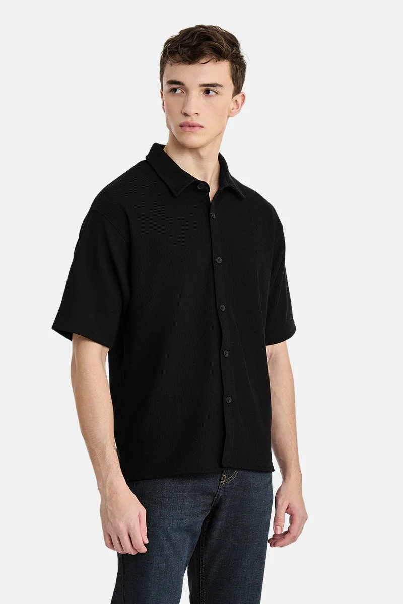 سنيتش Black Ribbed Half Sleeve Oversized Casual Shirt