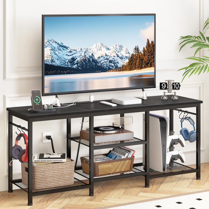 YGEOMER TV Stand for 55 Inch TV, Entertainment Center with Power Outlet and Open Storage Shelves, TV Console Table for Living Room and Bedroom, Black - Image 1