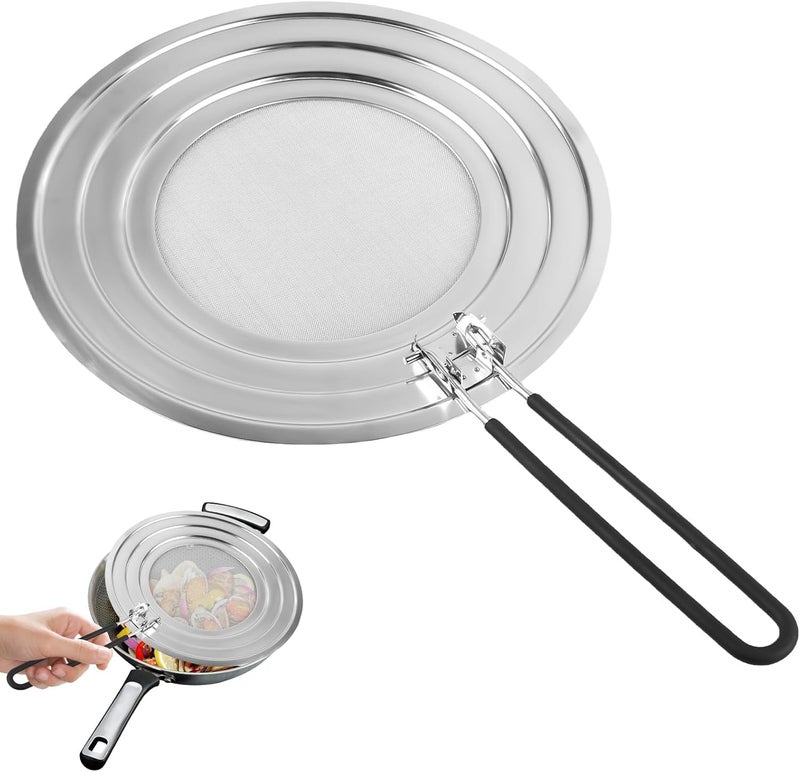 SHREESAMP حماية من الرش من الفولاذ المقاوم للصدأ لمقلاة مع مقبض مقاوم للحرارة قابل للطي يمنع رش الزيت والشحم يحافظ على نظافة المطبخ سهل الغسل متين طهي آمن يناسب جميع أحجام المقالي - Image 1