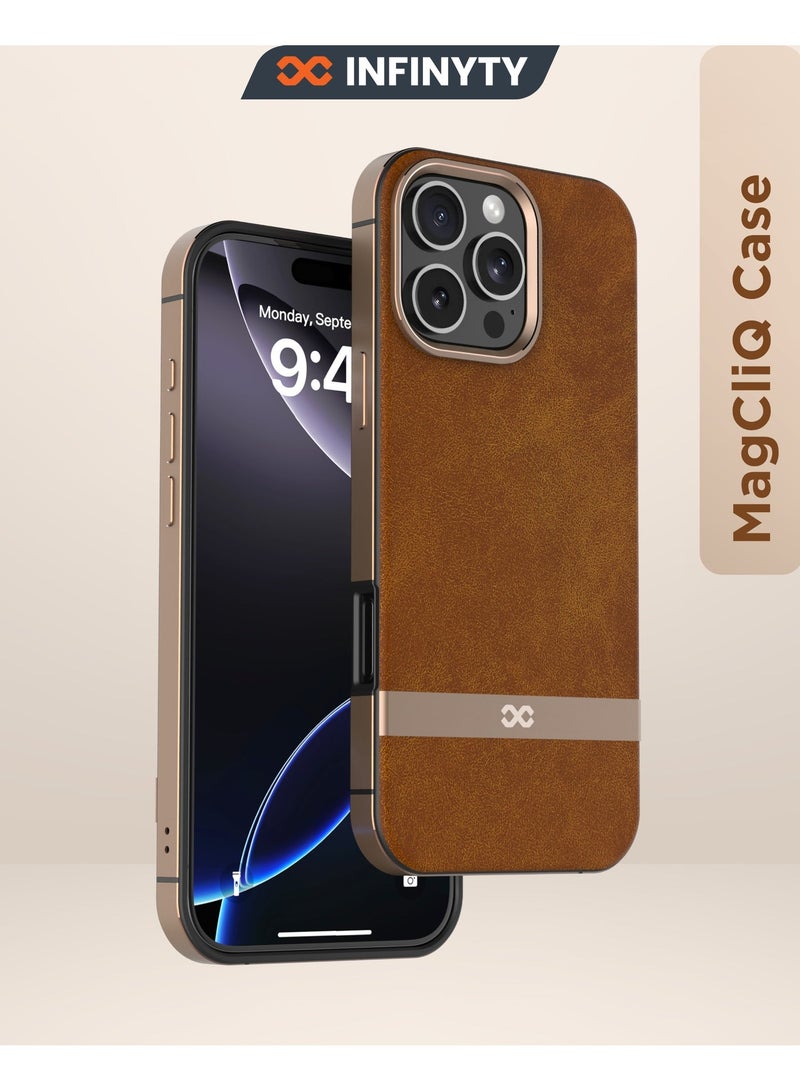 INFINYTY iPhone 16 Pro Premium Leather Case – Luxe Series (Brown), Elegant Metal Frame Accents, MagSafe Compatible, Shock-Resistant, Mil. Grade Drop-Tested, Precision Fit - Image 2