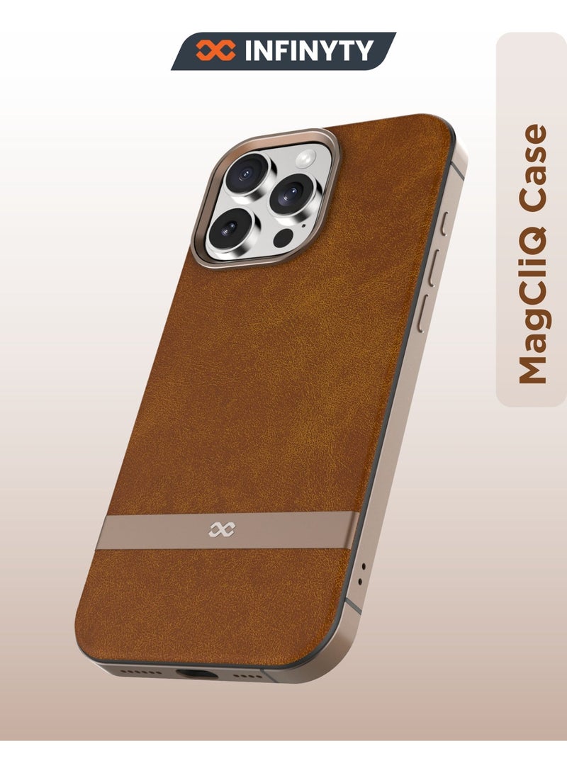 INFINYTY iPhone 16 Pro Premium Leather Case – Luxe Series (Brown), Elegant Metal Frame Accents, MagSafe Compatible, Shock-Resistant, Mil. Grade Drop-Tested, Precision Fit - Image 1