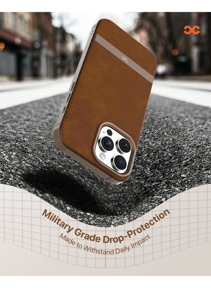 INFINYTY iPhone 16 Pro Premium Leather Case – Luxe Series (Brown), Elegant Metal Frame Accents, MagSafe Compatible, Shock-Resistant, Mil. Grade Drop-Tested, Precision Fit - Image 3