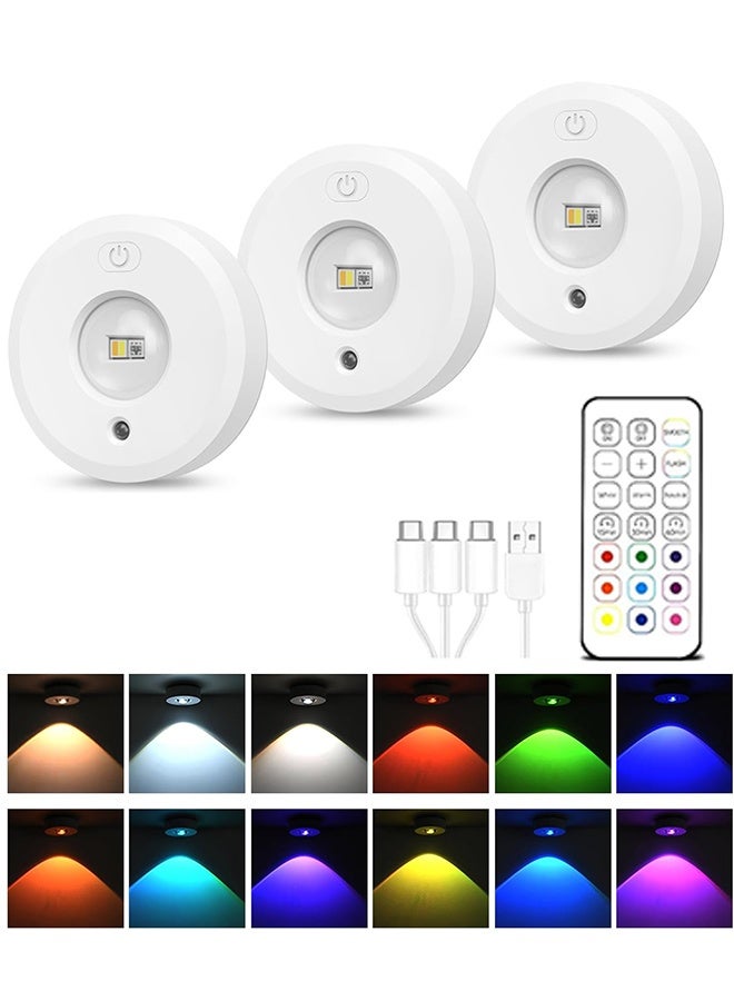 الروهيت 3 قطع أضواء LED قرصية لاسلكية قابلة للشحن، أضواء قرصية متغيرة الألوان RGB وقابلة للتعتيم لإضاءة تحت الخزائن مع جهاز تحكم عن بعد، تركيب مغناطيسي ولاصق لرفوف المطبخ والخزائن وأماكن العرض، لون أبيض - Image 1