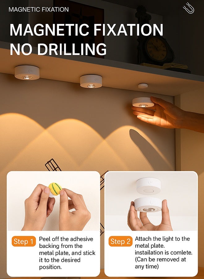 الروهيت 3 قطع أضواء LED قرصية لاسلكية قابلة للشحن، أضواء قرصية متغيرة الألوان RGB وقابلة للتعتيم لإضاءة تحت الخزائن مع جهاز تحكم عن بعد، تركيب مغناطيسي ولاصق لرفوف المطبخ والخزائن وأماكن العرض، لون أبيض - Image 4