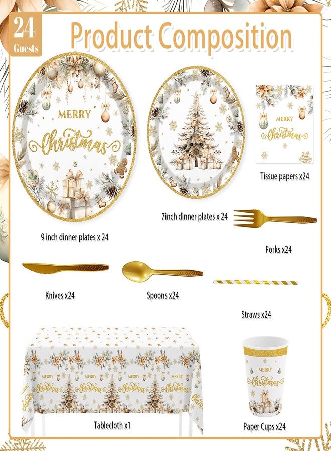 ميهوفوند مجموعة لوازم حفلات عيد الميلاد من MEHOFOND، 193 قطعة، تتضمن أطباق ورقية للاستخدام مرة واحدة على شكل شجرة عيد الميلاد الذهبية، ومناديل، وأكواب، وأدوات مائدة، ومفرش طاولة، لتزيين حفلات عيد الميلاد، تكفي حتى 24 ضيفًا. - Image 2