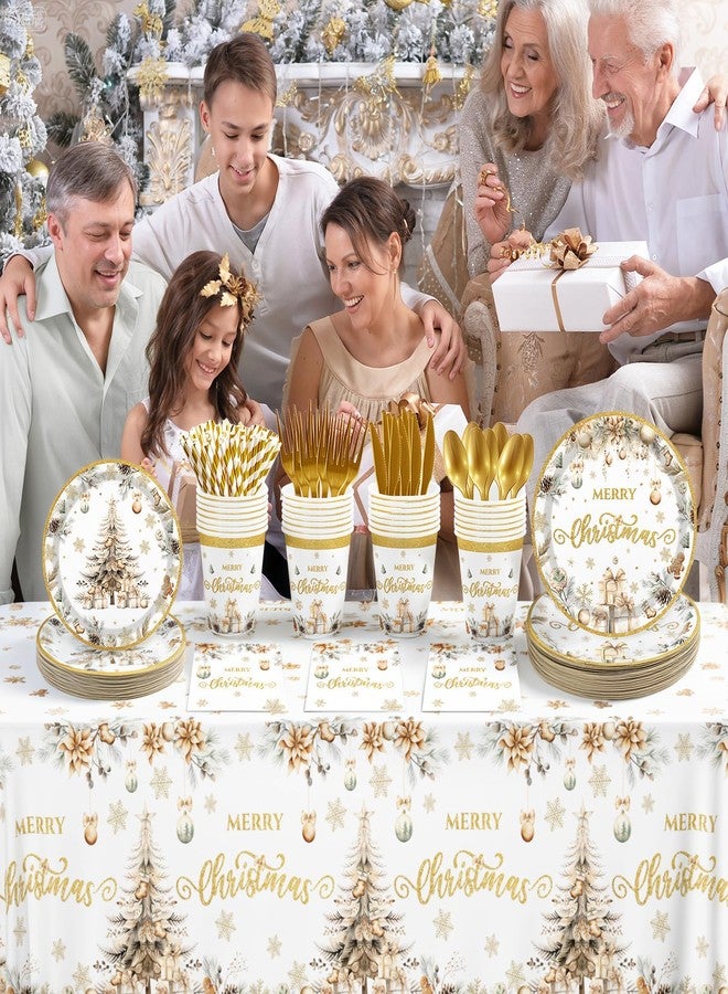 ميهوفوند مجموعة لوازم حفلات عيد الميلاد من MEHOFOND، 193 قطعة، تتضمن أطباق ورقية للاستخدام مرة واحدة على شكل شجرة عيد الميلاد الذهبية، ومناديل، وأكواب، وأدوات مائدة، ومفرش طاولة، لتزيين حفلات عيد الميلاد، تكفي حتى 24 ضيفًا. - Image 4
