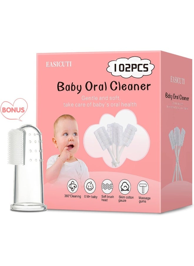 EASICUTI 102PCS Baby Tongue Cleaner, Baby Oral Cleaner Newborn Baby Toothbrush, Disposable Infant Toothbrush Clean Baby Mouth, Gauze Gum Cleaner Stick Dental Care for 0-36 Month Baby + 1 Finger Toothbrush with Case  - Image 1