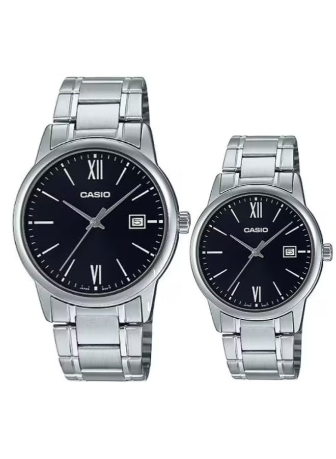 Casio His & Her Stainless Steel Band Couple Watch MTP/LTP -V002D-1B3UDF - Image 1