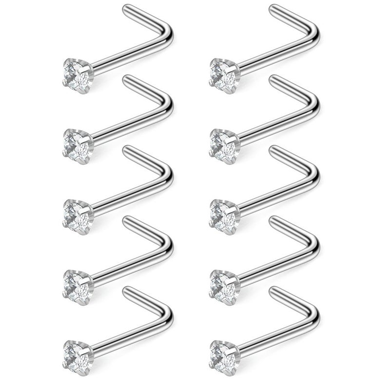 Ruifan 10Pcs 18G Surgical Steel Clear Diamond Cz Nose Stud Rings L Shaped Piercing Jewelry 2Mm - Image 1