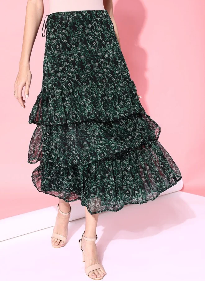 STREET 9 Green Floral Maxi Flared Skirt for Women