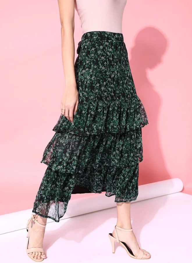 STREET 9 Green Floral Maxi Flared Skirt for Women
