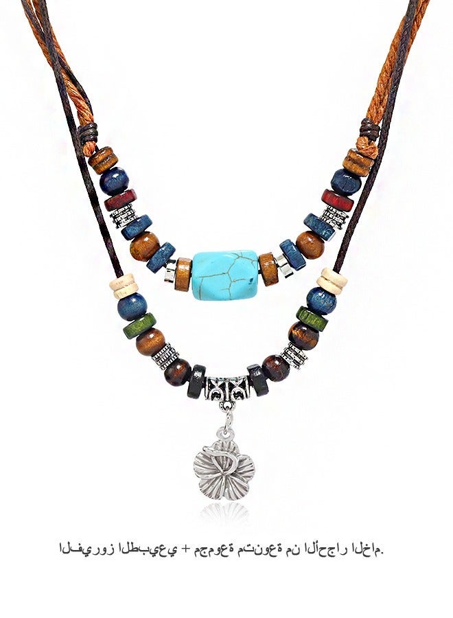 general Multilayer Braided Wooden Bead Necklace, Retro Turquoise Wax Rope Metallic Flowers Necklace (Colorful) - Image 1