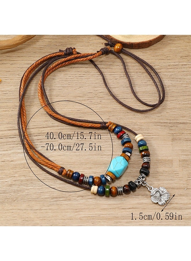 general Multilayer Braided Wooden Bead Necklace, Retro Turquoise Wax Rope Metallic Flowers Necklace (Colorful) - Image 2