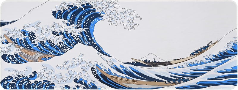 Tofun 31.4"x11.8"Extended Large Gaming Mouse Pad,XL Large Non-Slip Rubber Base Mousepad with Stitched Edges,Waterproof Keyboard Mouse Mat Desk Pad,Japanese Sea Wave, White and Blue Tones - Image 1