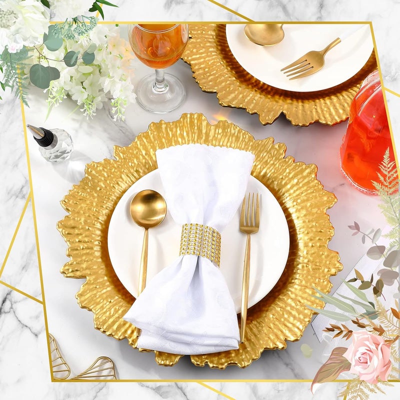 Rtteri 50 Pcs 13 Inch Charger Plates Bulk Plastic Wedding Chargers with Floral Reef Design Decorative Round Ruffled Rim Dinner Plates for Wedding Party Event Table Setting DecorationGold - Image 4
