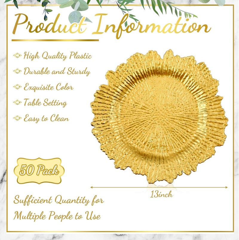 Rtteri 50 Pcs 13 Inch Charger Plates Bulk Plastic Wedding Chargers with Floral Reef Design Decorative Round Ruffled Rim Dinner Plates for Wedding Party Event Table Setting DecorationGold - Image 2