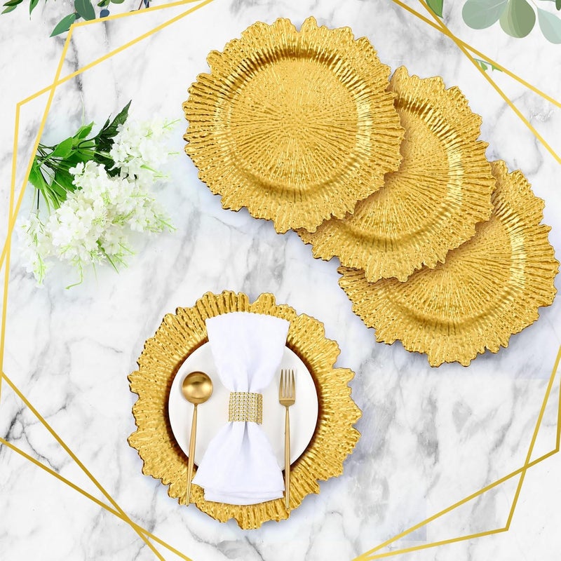 Rtteri 50 Pcs 13 Inch Charger Plates Bulk Plastic Wedding Chargers with Floral Reef Design Decorative Round Ruffled Rim Dinner Plates for Wedding Party Event Table Setting DecorationGold - Image 3