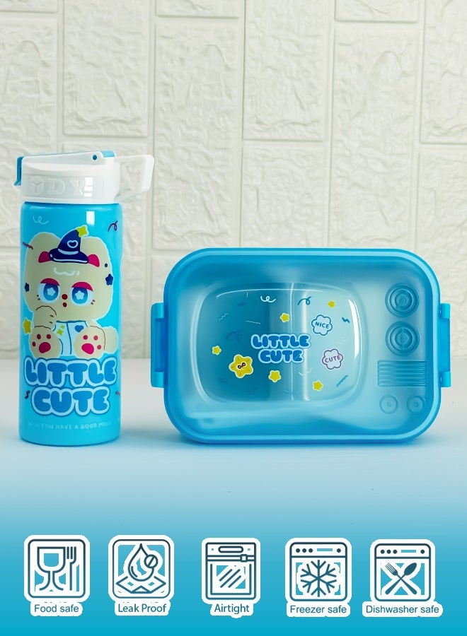 توشيونيكس علبة غداء من الستانلس ستيل – سعة 1.02 لتر – بحجرتين، ملعقة، شوكة، زجاجة مع مصاصة، آمنة للميكروويف، مانعة للتسرب، خالية من BPA – تصميم كرتوني للأطفال – مثالية للمدرسة، الحضانة، والهدايا – 17 × 12 × 5 سم - Image 4