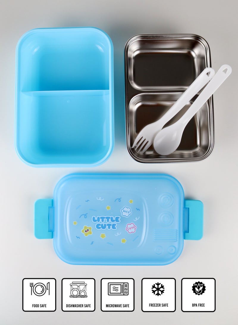 توشيونيكس علبة غداء من الستانلس ستيل – سعة 1.02 لتر – بحجرتين، ملعقة، شوكة، زجاجة مع مصاصة، آمنة للميكروويف، مانعة للتسرب، خالية من BPA – تصميم كرتوني للأطفال – مثالية للمدرسة، الحضانة، والهدايا – 17 × 12 × 5 سم - Image 3