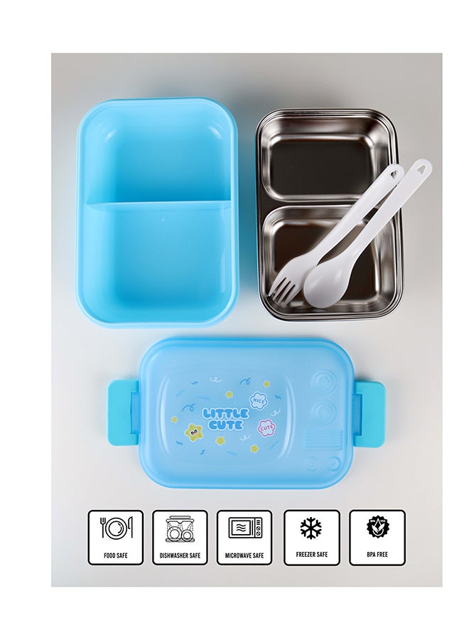 توشيونيكس علبة غداء من الستانلس ستيل – سعة 1.02 لتر – بحجرتين، ملعقة، شوكة، زجاجة مع مصاصة، آمنة للميكروويف، مانعة للتسرب، خالية من BPA – تصميم كرتوني للأطفال – مثالية للمدرسة، الحضانة، والهدايا – 17 × 12 × 5 سم - Image 2