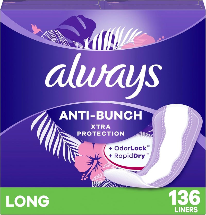 Always Anti-Bunch Xtra Protection Daily Liners, Long Length, Unscented, 136 Count