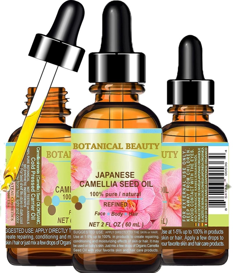 Botanical Beauty Organic Japanese CAMELLIA Seed Oil 100 Pure Natural Undiluted Refined Cold Pressed Carrier Oil to revitalize and rejuvenate the hair skin and nails 2 Fl oz 60 ml