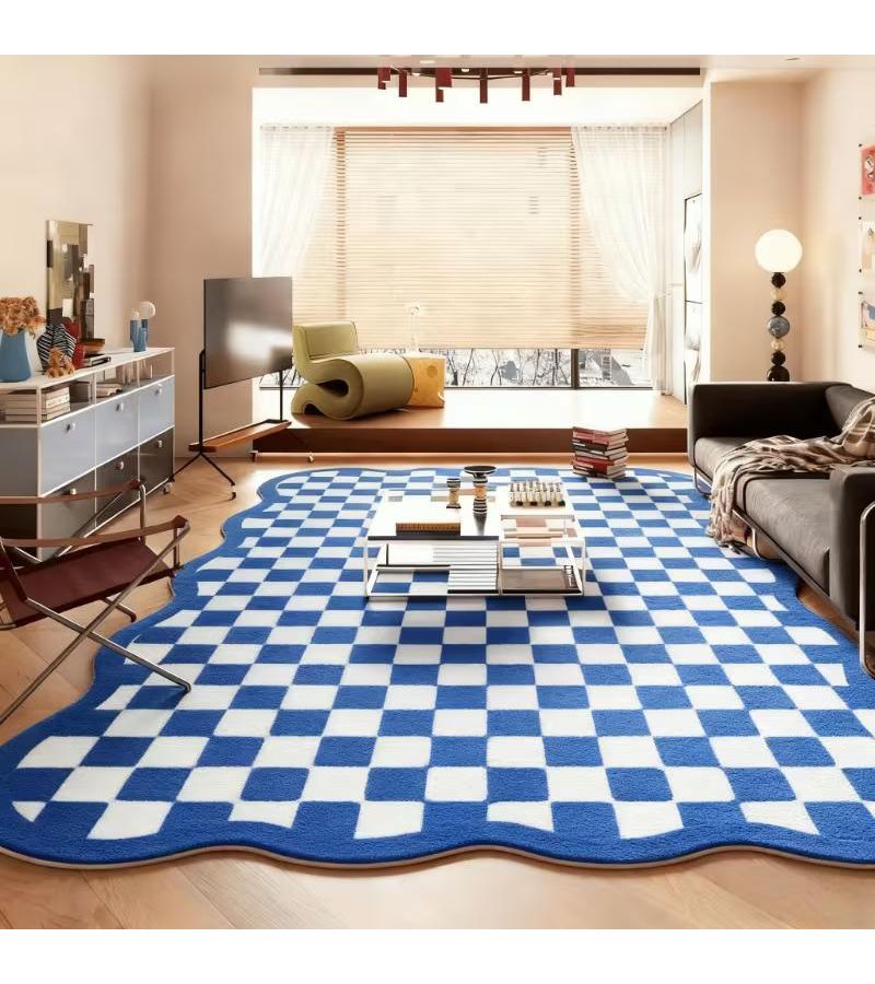 Imitation Cashmere Plush Carpet 47.24 62.99 Inch Cool Sky Blue Irregular Wave Edge Decorative Rug Light Luxury Living Room Bedroom Non Slip Entryway Floor Mat - Image 5