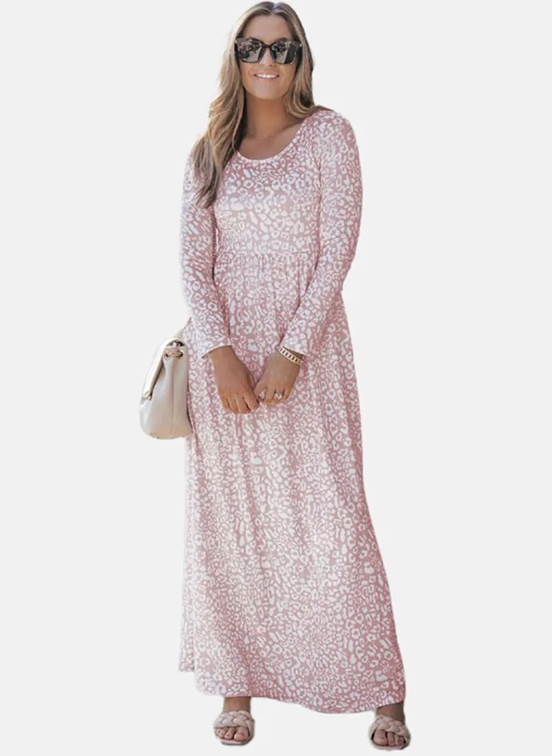 YUNIQEE Beige Basic Printed U-neck Long Sleeve Dress