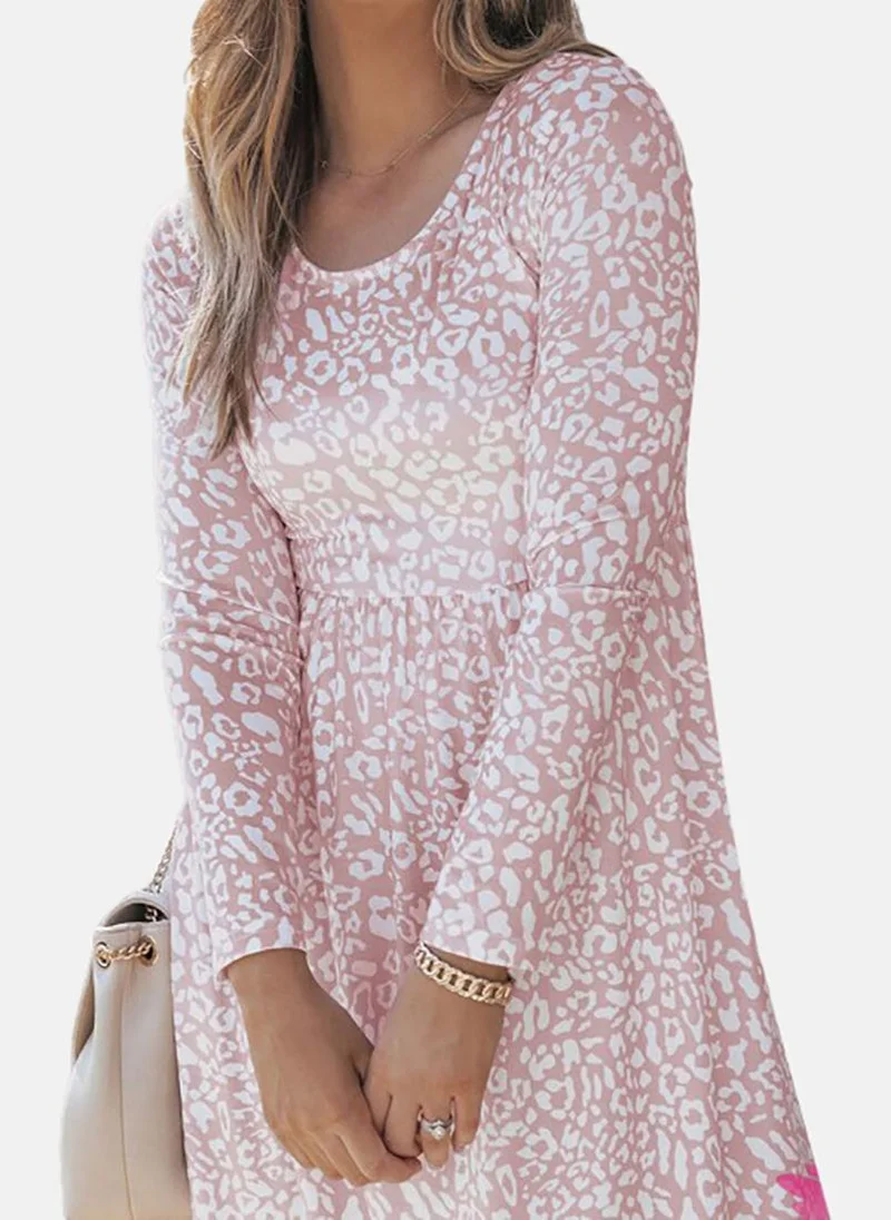 YUNIQEE Beige Basic Printed U-neck Long Sleeve Dress