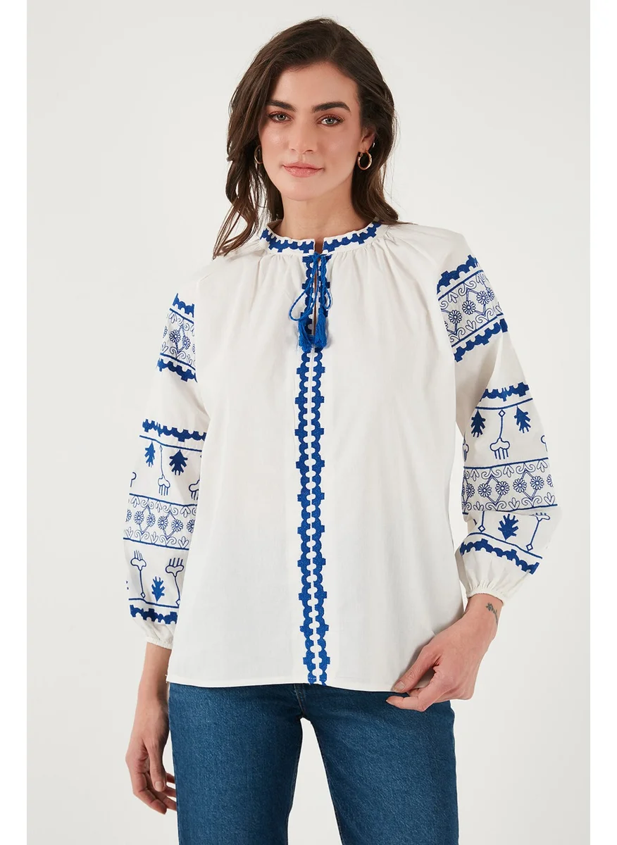 Lela Embroidered Cotton Oversize Fit Tied V Neck Blouse Women's Blouse 676271