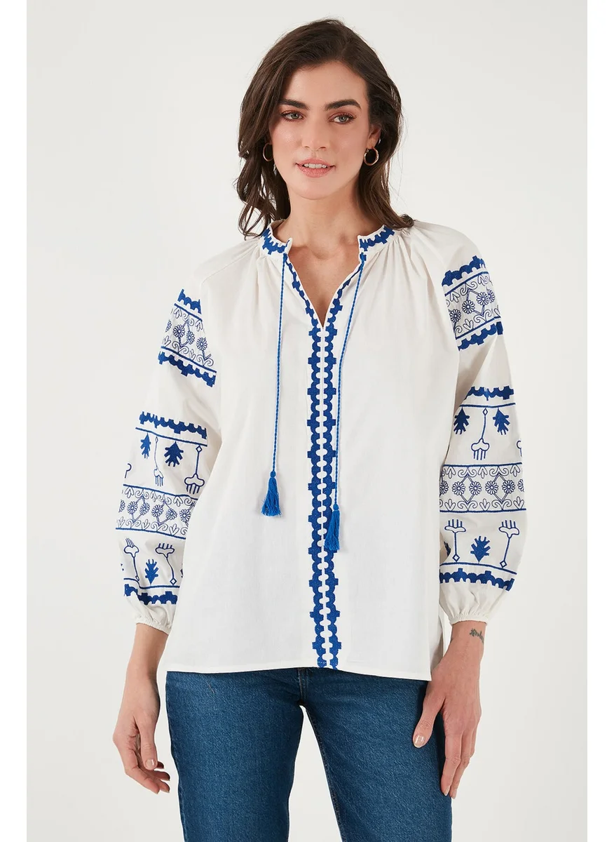 Lela Embroidered Cotton Oversize Fit Tied V Neck Blouse Women's Blouse 676271
