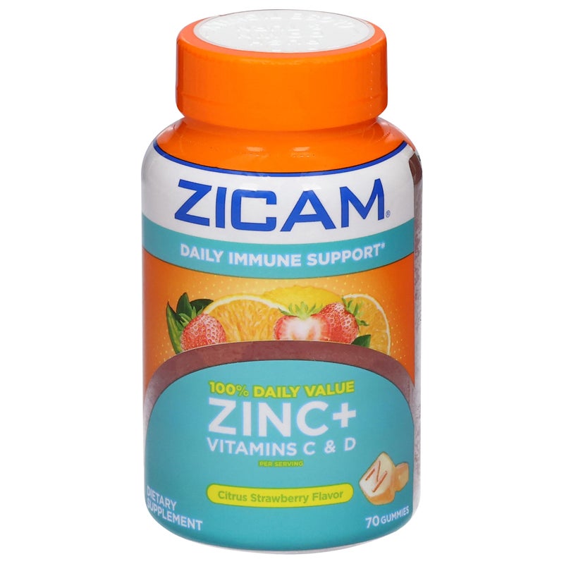 Zicam Daily Immune Support, Gummy Supplement, Zinc, Vitamin C and Vitamin D, Citrus Strawberry Flavor, 70 Count