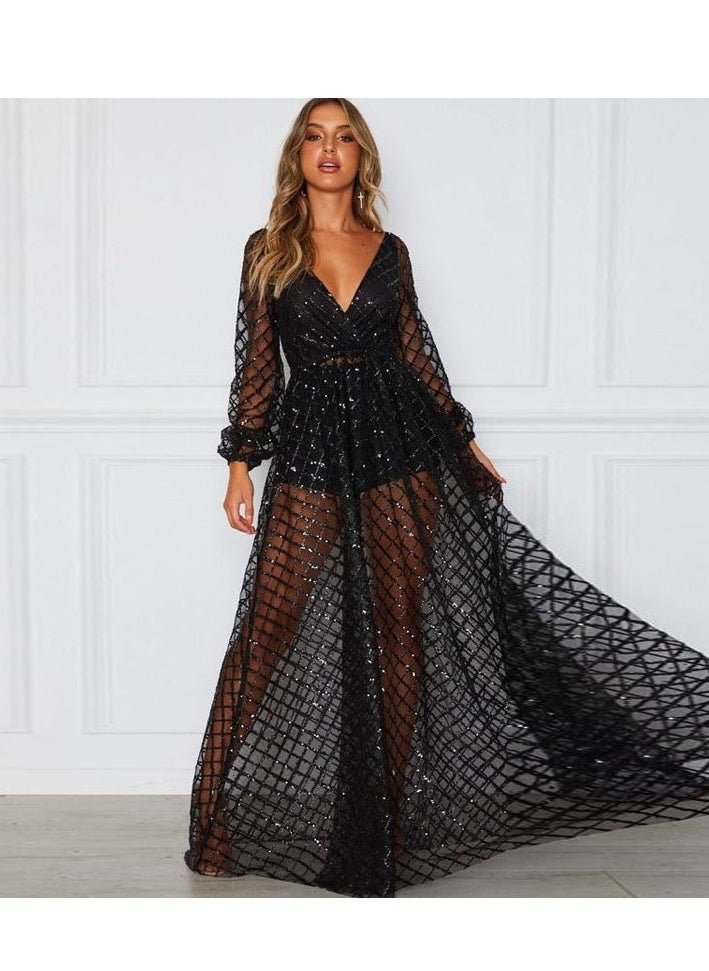 NIBEMINENT Women Wedding V-Neck Women'S Dress Slim Hollow Lace Sheer Mesh Female Elegant Formal Dresses Party Evening Prom Gala Vestidos  - Image 1