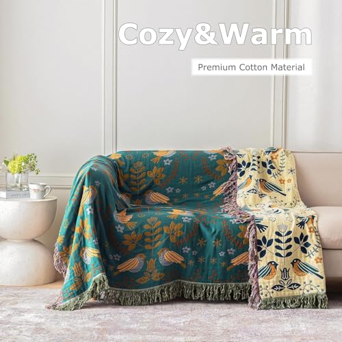 LUTBM King Throw Blanket for Bed 100% Cotton Boho Ultra Soft Rustic Quilt Birds and Floral Double Embroider Fall King Bed Blanket,90"×108" All Season Blankets for Bedding Couch - Image 4