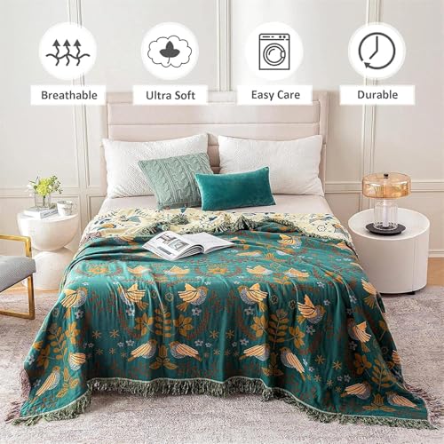 LUTBM King Throw Blanket for Bed 100% Cotton Boho Ultra Soft Rustic Quilt Birds and Floral Double Embroider Fall King Bed Blanket,90"×108" All Season Blankets for Bedding Couch - Image 2
